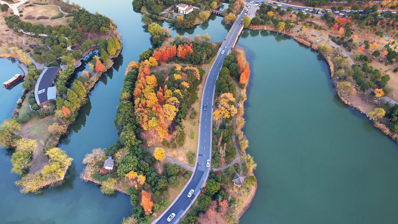 4k航拍杭州湘湖名胜景区杨堤
