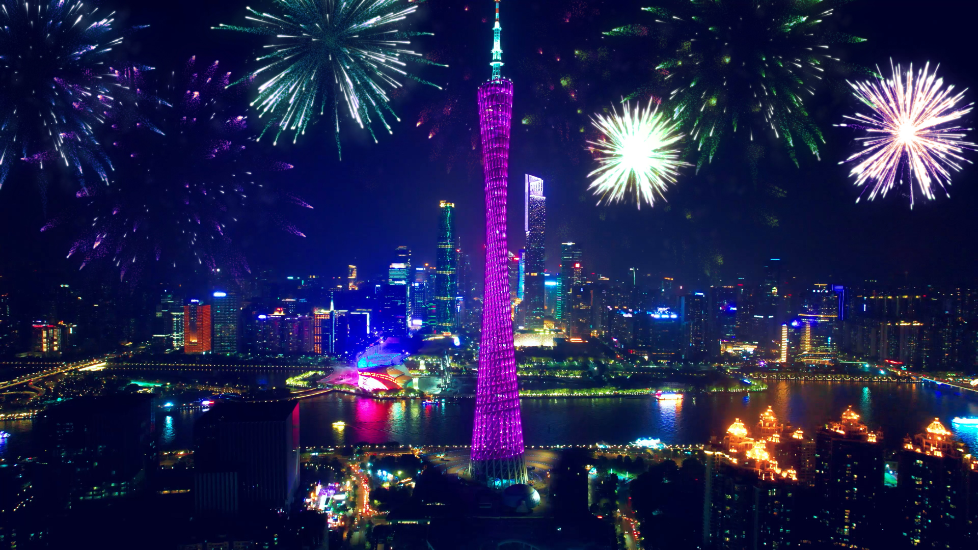 喜迎欢度国庆广州地标建筑夜景烟花绚丽燃放视频特效素材-千库网