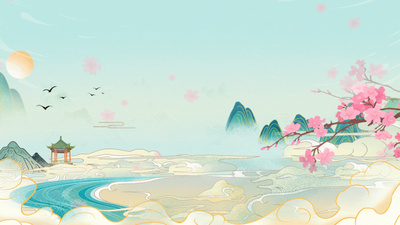 春天立春春季山水桃花唯美国潮国风横版动态背景