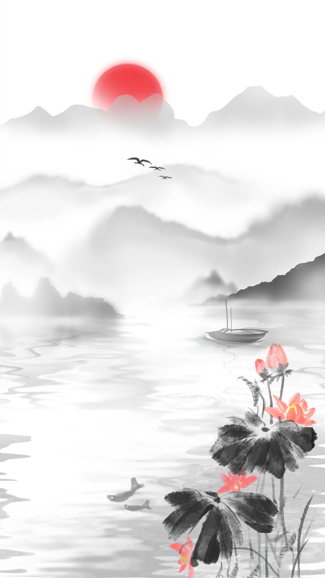 竖屏竖版中国风夏天山水荷花水墨中国风荷花背景