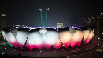 4K航拍杭州地标奥体中心亚运会主赛场