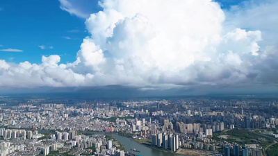 4K航拍海南海口世纪大桥城市建筑蓝天白云
