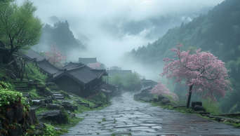 春天中国风水墨村庄田园自然风景AI视频素材