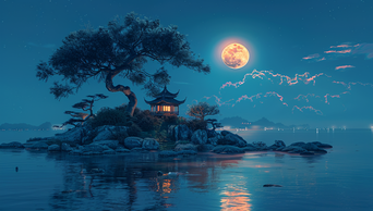 中国风古风风景风光山水亭子夜景夜晚月色赏月AI视频素材