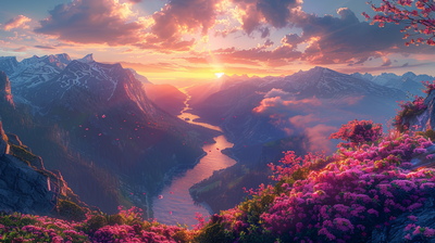 壮美山水春天的景色夕阳晚霞AI视频