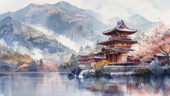 中国风古风水彩水墨水上风景AI视频素材