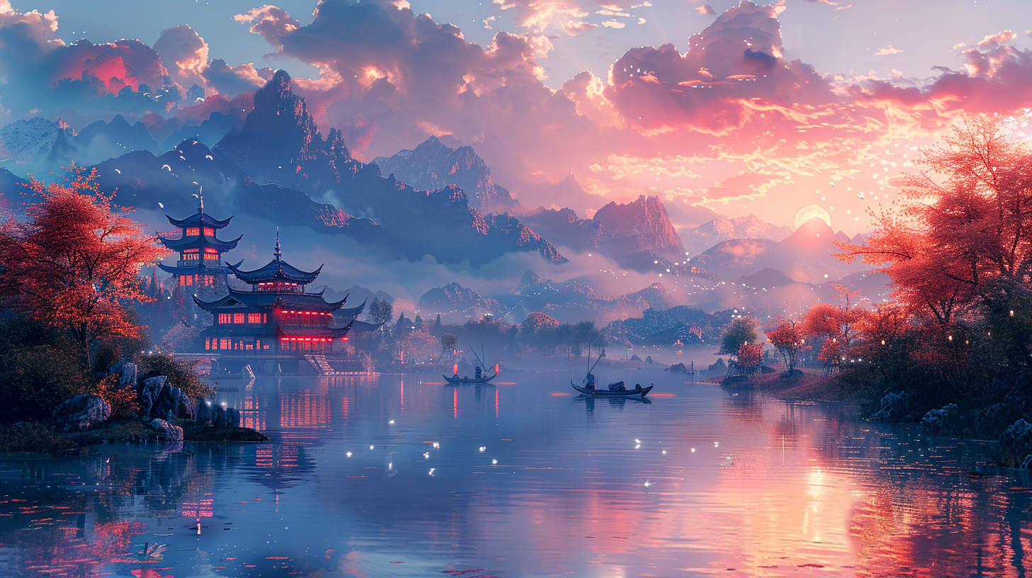 夕阳下河流中国风古风湖面视频背景ai视频素材