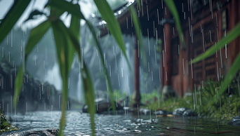 清明节雨水下雨雨中的树叶AI视频素材