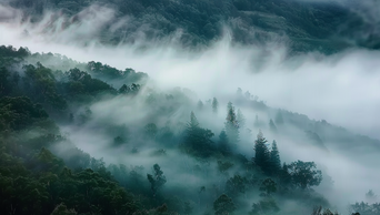 云雾缭绕的森林树林航拍自然风景AI视频素材