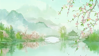 绿色清新中国风插画风江南风景AI视频素材