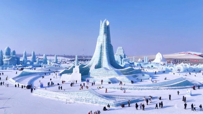 4k哈尔滨冰雪大世界冬季雪景航拍实拍实拍素材
