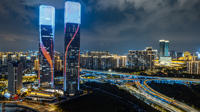 8K航拍延时杭州滨江CBD城市车流夜景视频实拍