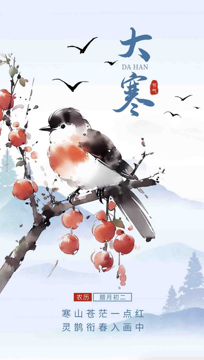 大寒节气柿子喜鹊水墨风视频模版
