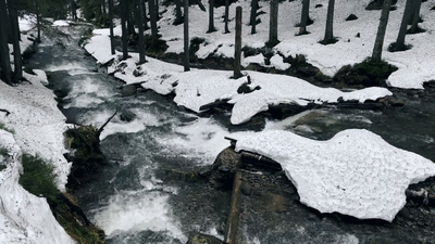 冬天转春天实拍视频素材河水自然瀑布在冬季森林流水湍急的冬季景观