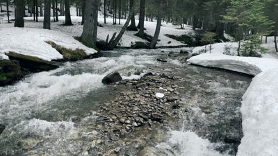 冰天雪地里的河流冬日的景色春天的小溪在积雪融化的森林中流淌