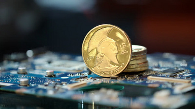 在农场设备上挖掘比特币金比特币堆叠特写