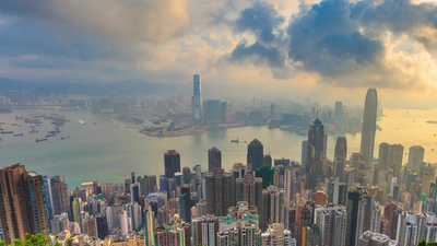 香港城市景观维多利亚山时间流逝的高视角全景