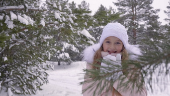 寒天漫步在冬日森林里的雪花中冻住了少女