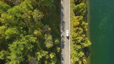 汽车在道路上骑湖附近的树木之间绿色的森林阳光灿烂的夏天春天的