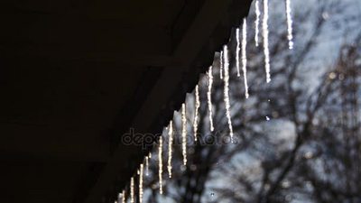 4k冬天屋顶下冰柱融化春天来了