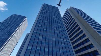 城市实拍视频素材这架飞机在办公大楼上空盘旋