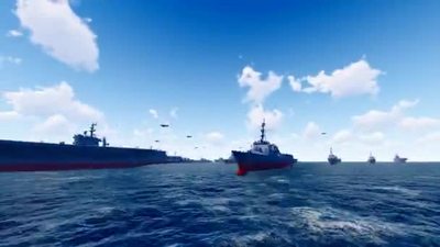 3D渲染航空母舰战斗群和战斗机在海上实弹演习