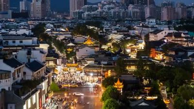 南京孔庙风景区和秦淮河夜景延时地标风景