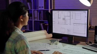 亚洲女建筑师工作到深夜加班设计绘图4K