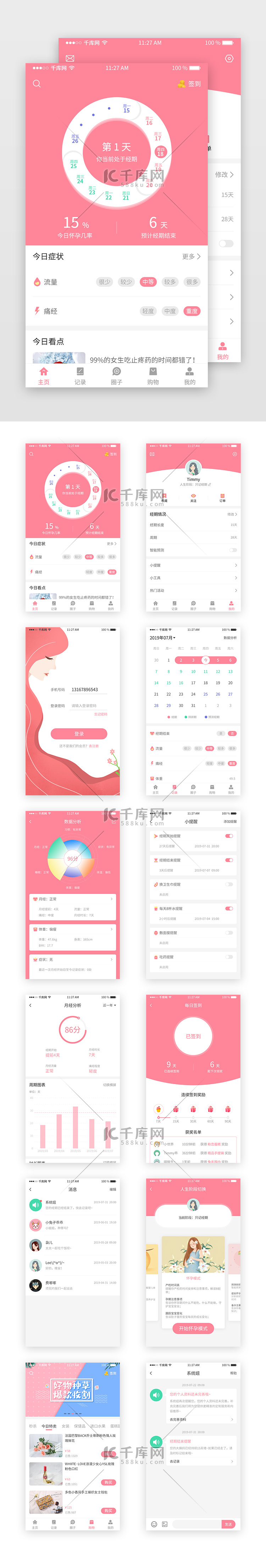 粉色扁平风女性健康类app设计模板