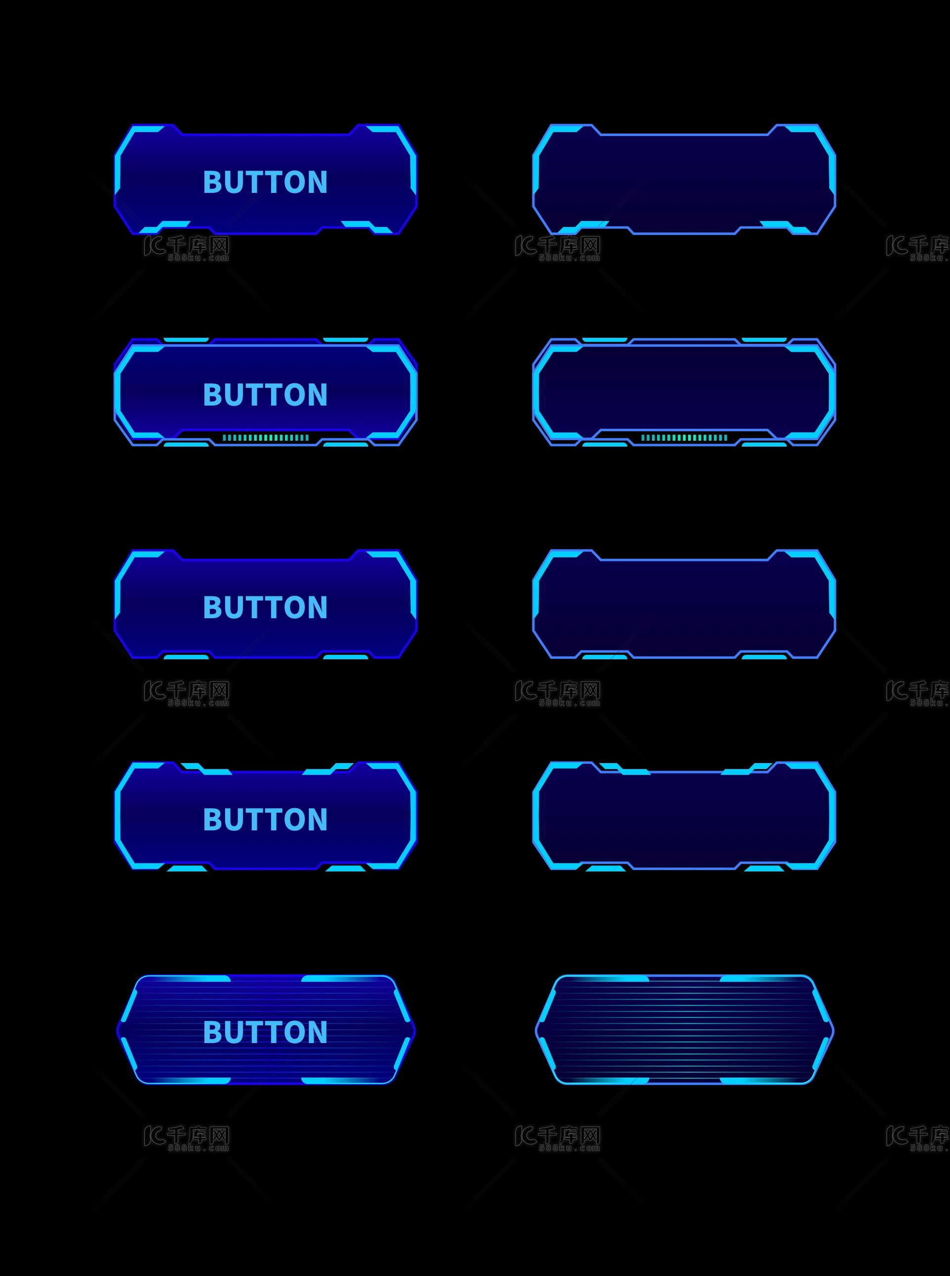 按钮 按键科技感 游戏按钮 UI素材科技感 质感通透暗黑 蓝色机械边框 霓虹灯 光感