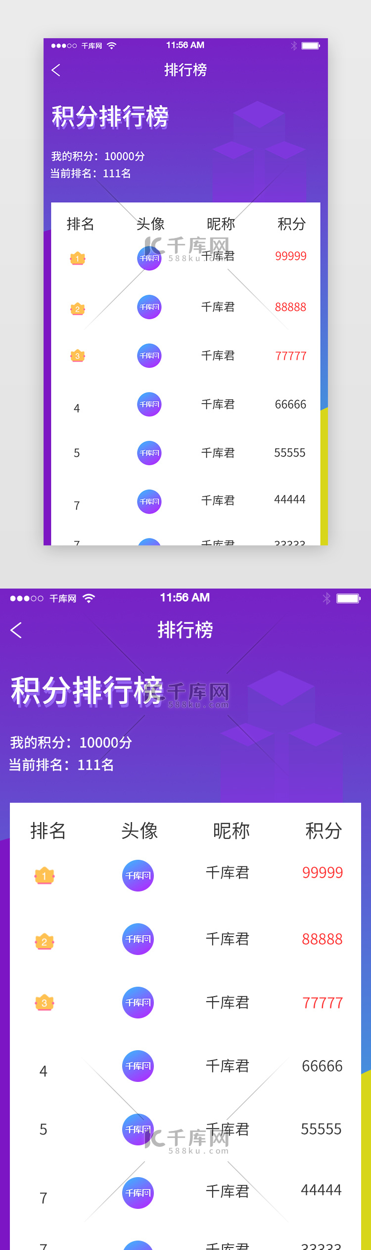 蓝色渐变排行榜APP界面